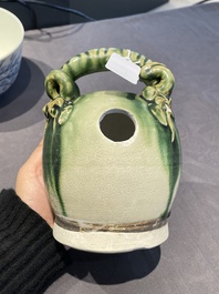 A Chinese blue and white 'Bleu de Hue' bowl and a green-glazed lime pot for the Vietnamese market, the bowl marked Tho, 18/19th C.