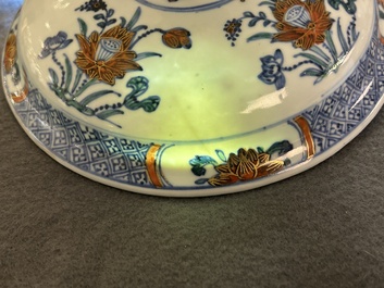 A rare Chinese doucai bowl and cover with silvered mounts, Kangxi/Yongzheng