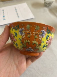 A Chinese coral red-ground imperial style falangcai bowl, Republic