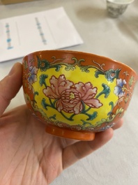 A Chinese coral red-ground imperial style falangcai bowl, Republic