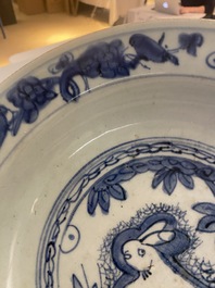 A Chinese blue and white 'hare' dish, Jiajing