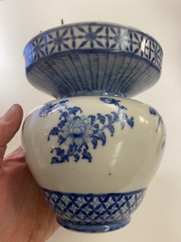 A Chinese blue and white basket-shaped vase on wooden stand, Yongzheng mark, 19/20th C.