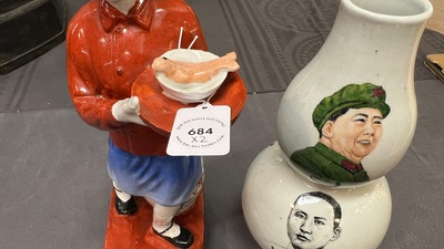 A Chinese double gourd-shaped 'Mao' vase and a figure of a waitress, Cultural Revolution, the vase dated 1968