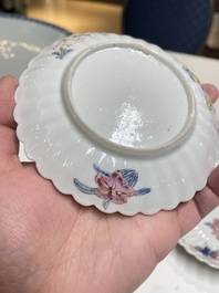 A pair of Chinese famille rose chrysanthemum-shaped cups and saucers, Yongzheng