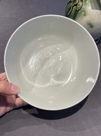 A Chinese blue and white 'Bleu de Hue' bowl and a green-glazed lime pot for the Vietnamese market, the bowl marked Tho, 18/19th C.