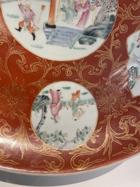 A Chinese famille rose coral red-ground 'Xi Xiang Ji' dish, Qianlong mark, 19/20th C.