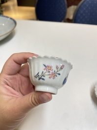 A pair of Chinese famille rose chrysanthemum-shaped cups and saucers, Yongzheng