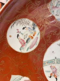 A Chinese famille rose coral red-ground 'Xi Xiang Ji' dish, Qianlong mark, 19/20th C.