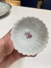 A pair of Chinese famille rose chrysanthemum-shaped cups and saucers, Yongzheng