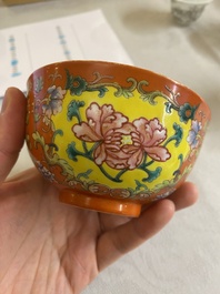 A Chinese coral red-ground imperial style falangcai bowl, Republic