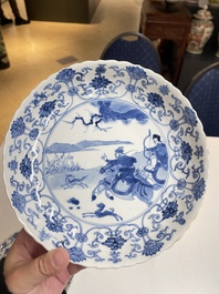 Three Chinese blue and white 'Mongolian hunt' plates, Chenghua mark, Kangxi