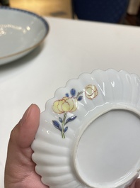 A pair of Chinese famille rose chrysanthemum-shaped cups and saucers, Yongzheng