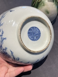 A Chinese blue and white 'Bleu de Hue' bowl and a green-glazed lime pot for the Vietnamese market, the bowl marked Tho, 18/19th C.