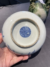 A Chinese blue and white 'Bleu de Hue' bowl and a green-glazed lime pot for the Vietnamese market, the bowl marked Tho, 18/19th C.