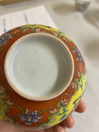 A Chinese coral red-ground imperial style falangcai bowl, Republic