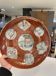 A Chinese famille rose coral red-ground 'Xi Xiang Ji' dish, Qianlong mark, 19/20th C.