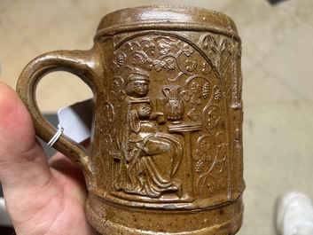 An unusual German stoneware mug depicting king Gambrinus, Cologne or Frechen, ca. 1600