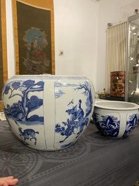 Two Chinese blue and white fish bowls or jardini&egrave;res with figurative design and mythical animals, 19/20th C.