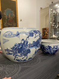 Two Chinese blue and white fish bowls or jardini&egrave;res with figurative design and mythical animals, 19/20th C.