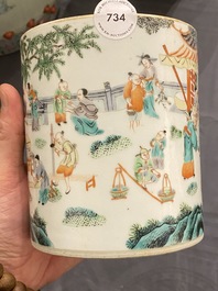 A Chinese famille verte 'playing boys' brush pot, 'bitong', 19th C.