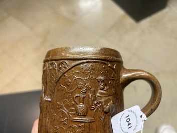 An unusual German stoneware mug depicting king Gambrinus, Cologne or Frechen, ca. 1600