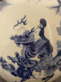 Two Chinese blue and white fish bowls or jardini&egrave;res with figurative design and mythical animals, 19/20th C.