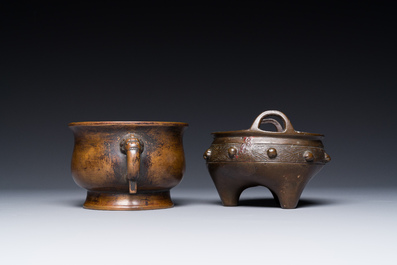 Two Chinese bronze censers, Xuande mark, Yuan/Ming