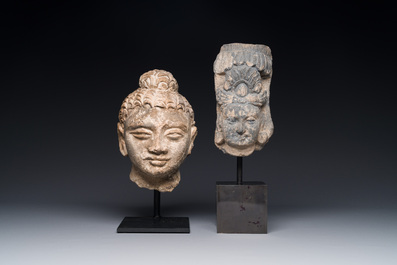 A Gandhara fragment of a stucco Sakyamuni head and a grey schist Bodhisattva head, 1/4th C.