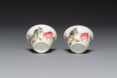 A pair of Chinese famille rose cups and saucers with horses, Yongzheng