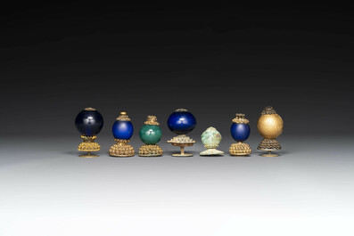 Seven Chinese gilt bronze Mandarin hat finials, Qing