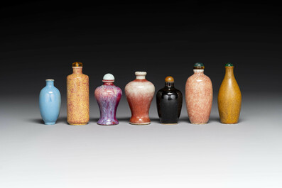 Seven varied Chinese monochrome snuff bottles, Kangxi mark, 18/19th C.