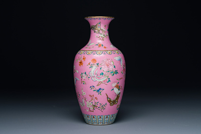 A Chinese pink-sgraffito-ground famille rose 'butterfly' vase, Qianlong mark and possibly of the period