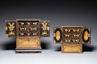 Two Chinese Canton gilt black lacquer miniature cabinets and a box, 19th C.