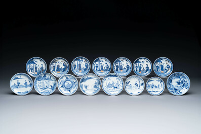 Thirteen Chinese blue and white saucers and twelve cups with figural design, Kangxi/Yongzheng