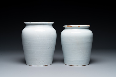 Two white glazed pottery tobacco jars, France, late 18th C.