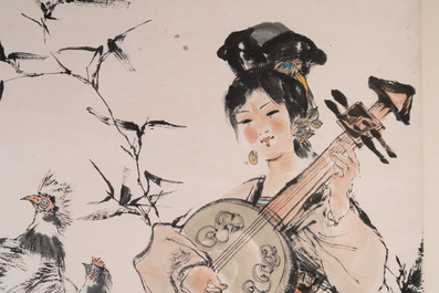Cheng Shifa 程十发 (1921-2007): 'Dame jouant du Pipa pour deux aigles', encre et couleur sur papier, dat&eacute;e 1988
