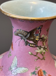 A Chinese pink-sgraffito-ground famille rose 'butterfly' vase, Qianlong mark and possibly of the period