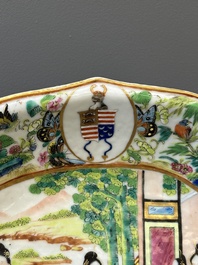 A Chinese Canton famille rose lobed armorial dish and a plate, 19th C.