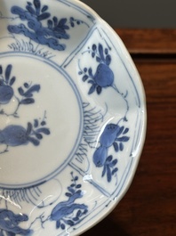Six Chinese blue and white flower-shaped 'sanduo' cups and saucers, lingzhi mark, Kangxi