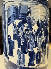 Grand vase de forme roulea en porcelaine de Chine en bleu et blanc &agrave; d&eacute;cor de 'Guo Ziyi 郭子儀拜壽', Kangxi