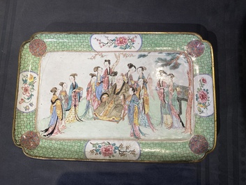 A fine rectangular Chinese Canton enamel ruby-back dish with figural design, Yongzheng