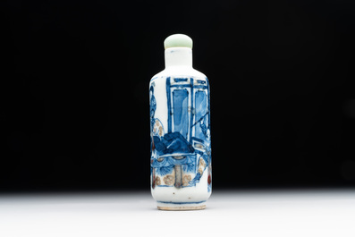 A Chinese blue, white and copper-red 'warriors' snuff bottle, Kangxi mark, 19th C.