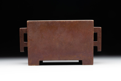 A rare Chinese rectangular bronze censer, Mo Shi Jia Zhen 莫氏家珍 mark, Kangxi mark and of the period