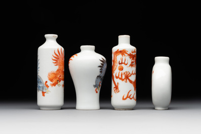 Three Chinese iron-red snuff bottles and one polychrome snuff bottle, Qianlong and Jie Mei Ya Zhi 介眉雅製 mark, 19th C.
