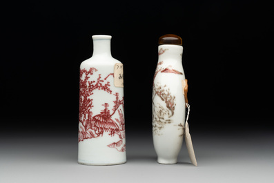 Two Chinese copper-red snuff bottles with landscape design, Chenghua mark, 19th C.