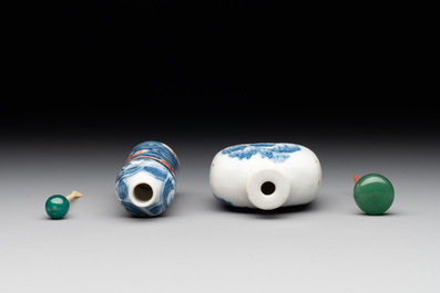 A Chinese blue and white 'figurative' snuff bottle and a blue, white and iron-red 'dragon' snuff bottle, Qianlong mark, 19th C.