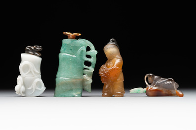 Eight Chinese jade, glass, agate and smoky quartz snuff bottles, 19/20th C.