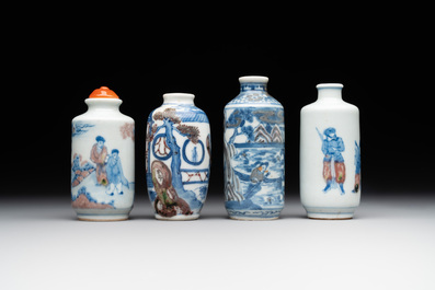 Four Chinese blue, white and copper-red snuff bottles, Yongzheng and Daoguang mark, 19th C.