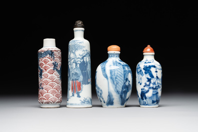 Two Chinese blue and white snuff bottles and two blue, white and copper-red snuff bottles, Yongzheng and Qianlong mark, 19th C.