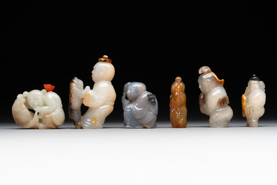 Six Chinese carved jade and agate 'figural' snuff bottles, 19/20th C.